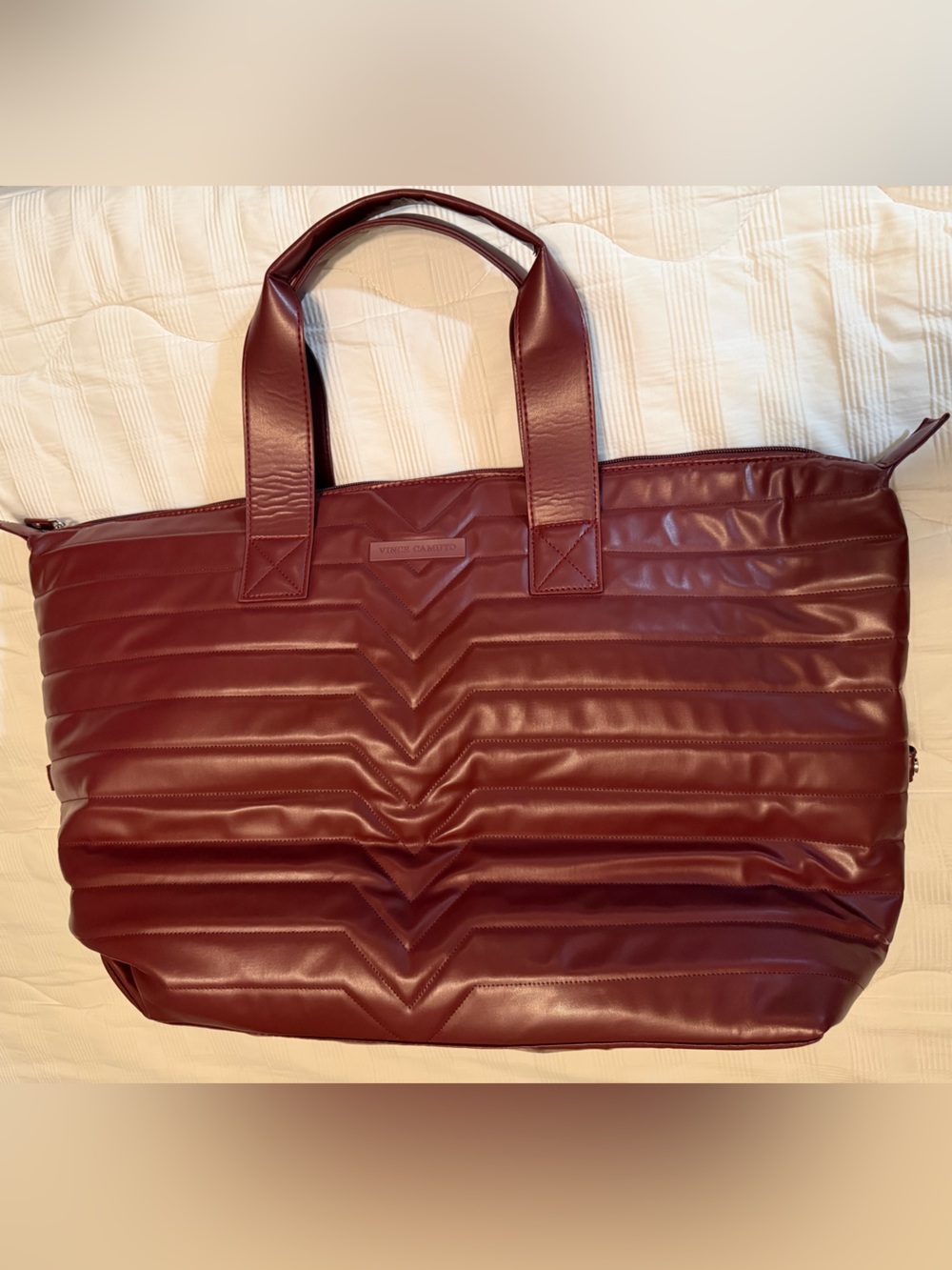 Vince Camuto Avery Quilted Duffle Bag Burgundy Wine Travel Weekender